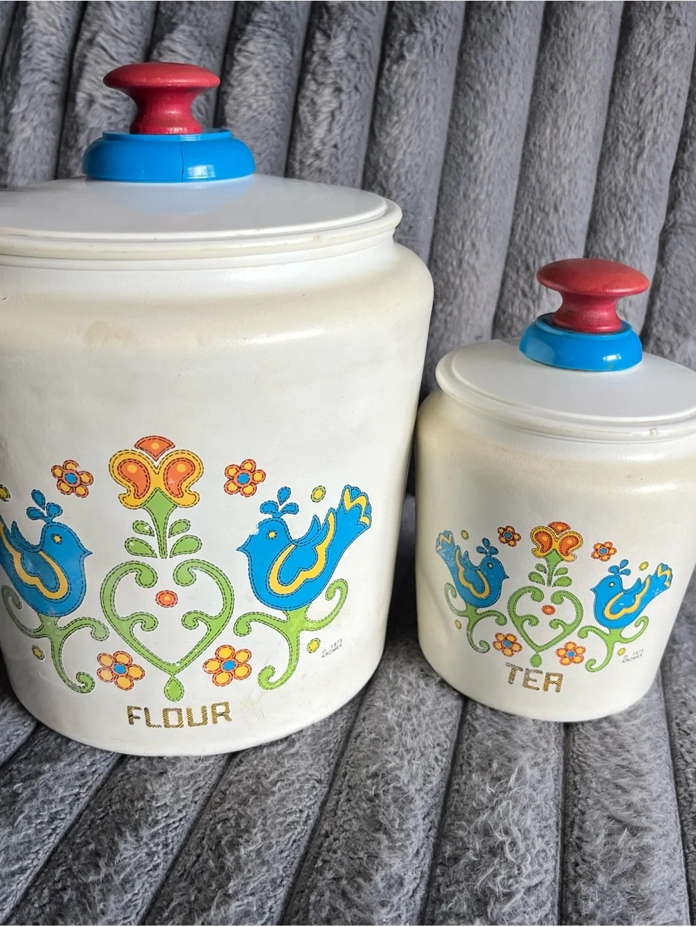 Vintage Kromex Floral Blue Bird Flour & Tea Canisters (Set of 2)